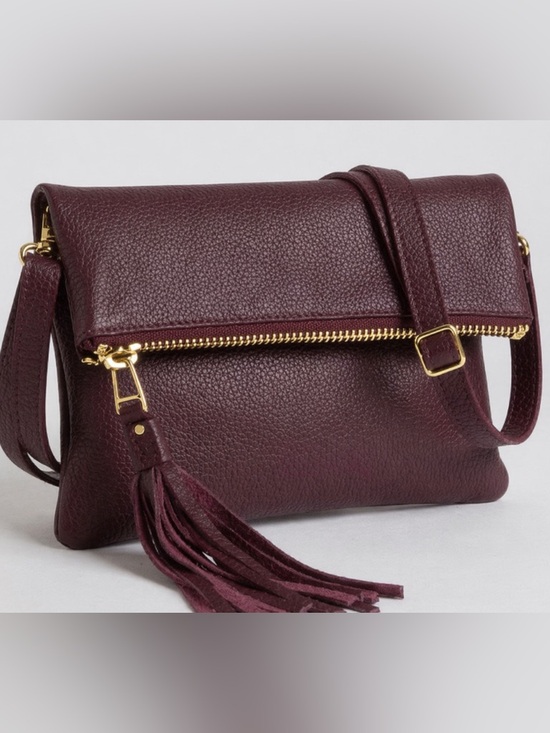 Roots Handbags - Roots Genuine Leather Fold-Over Top Zip Crossbody Bag Tassel Burgundy
